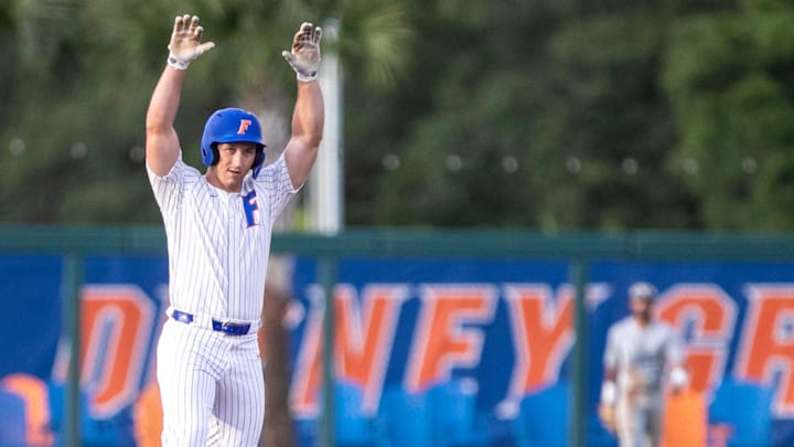 Florida's utility Wyatt Langford (36) with a double against UNF, Tuesday, April 25, 2023, at Condron Field in Gainesville, Fla..