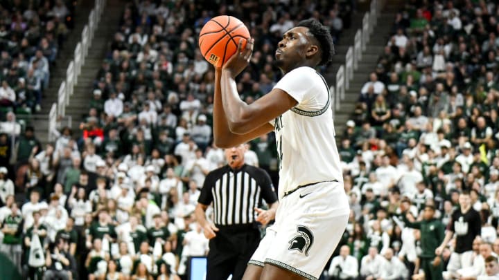Michigan State's Xavier Booker makes a 3-pointer against Ohio State during the first half on Sunday, Feb. 25, 2024, at the Breslin Center in East Lansing. Michigan State's Xavier Booker makes a 3-pointer against Ohio State during the first half on Sunday, Feb. 25, 2024, at the Breslin Center in East Lansing.