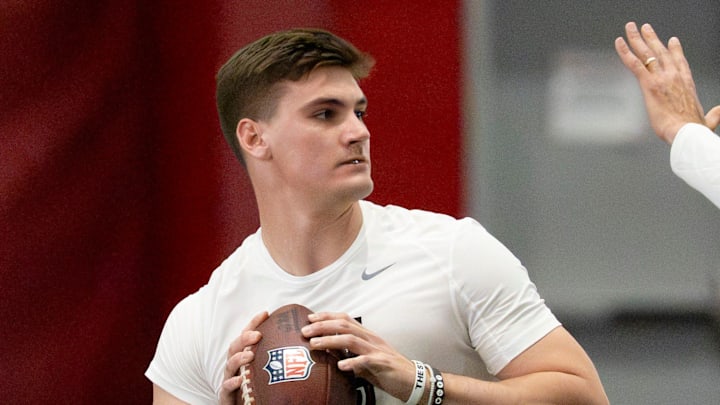 March 25, 2026; Tuscaloosa, AL, USA; Quarterback Ty Simpson throws during Pro Day in the Hank Crisp Indoor Practice Facility at the University of Alabama. March 25, 2026; Tuscaloosa, AL, USA; Quarterback Ty Simpson throws during Pro Day in the Hank Crisp Indoor Practice Facility at the University of Alabama.