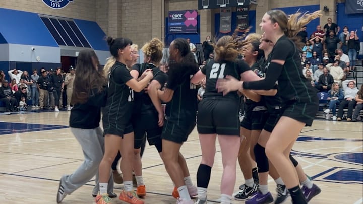 Sage Hill girls basketball celebrates a shocking win over No. 1 Sierra Canyon in the CIF State Open Division regional playoffs.