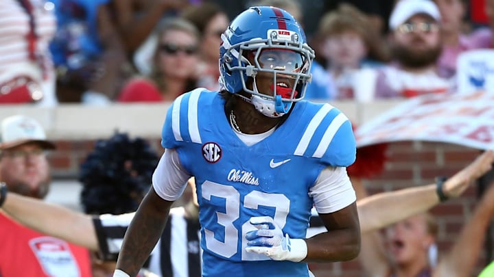 Sep 27, 2025; Oxford, Mississippi, USA; Mississippi Rebels defensive back Chris Graves Jr. (32) reacts after a pass breakup during the third quarter against the LSU Tigers at Vaught-Hemingway Stadium. Mandatory Credit: Petre Thomas-Imagn Images