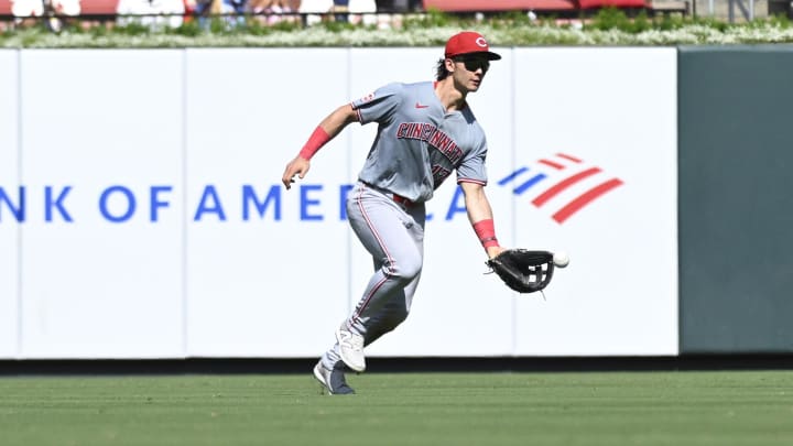 Jun 29, 2024; St. Louis, Missouri, USA; Cincinnati Reds outfielder Stuart Fairchild (17) fields a ball form St. Louis Cardinals second baseman Nolan Gorman (16) during the eighth inning at Busch Stadium. Mandatory Credit: Jeff Le-USA TODAY Sports Jun 29, 2024; St. Louis, Missouri, USA; Cincinnati Reds outfielder Stuart Fairchild (17) fields a ball form St. Louis Cardinals second baseman Nolan Gorman (16) during the eighth inning at Busch Stadium. Mandatory Credit: Jeff Le-USA TODAY Sports