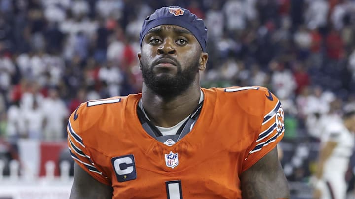 Sep 15, 2024; Houston, Texas, USA; Chicago Bears cornerback Jaylon Johnson (1) after the game against the Houston Texans at NRG Stadium. Mandatory Credit: Troy Taormina-Imagn Images