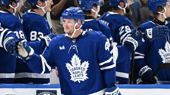 Sep 19, 2026; Toronto, Ontario, CAN; Toronto Maple Leafs defenseman Darren Raddysh (43) celebrates with team mates at the bench after scoring a goal against the Montreal Canadiens in the secod period at Scotiabank Arena. Mandatory Credit: Dan Hamilton-Imagn Images Sep 19, 2026; Toronto, Ontario, CAN; Toronto Maple Leafs defenseman Darren Raddysh (43) celebrates with team mates at the bench after scoring a goal against the Montreal Canadiens in the secod period at Scotiabank Arena. Mandatory Credit: Dan Hamilton-Imagn Images
