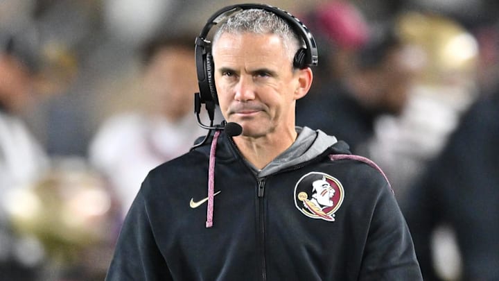 Nov 9, 2024; South Bend, Indiana, USA; Florida State Seminoles head coach Mike Norvell watches in the third quarter against the Notre Dame Fighting Irish at Notre Dame Stadium. Mandatory Credit: Matt Cashore-Imagn Images