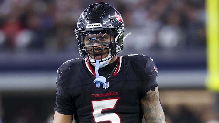 Nov 18, 2024; Arlington, Texas, USA; Houston Texans safety Jalen Pitre (5) reacts during the second half against the Dallas Cowboys at AT&T Stadium. Mandatory Credit: Kevin Jairaj-Imagn Images