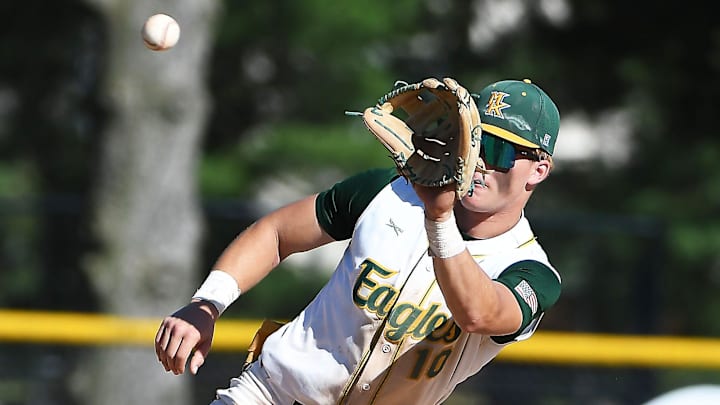 Morris Knoll's Luke Dickerson waits on the ball at 2nd base as Morris Knolls Baseball defeats Delsea 11-3 in the Group 3 final.
