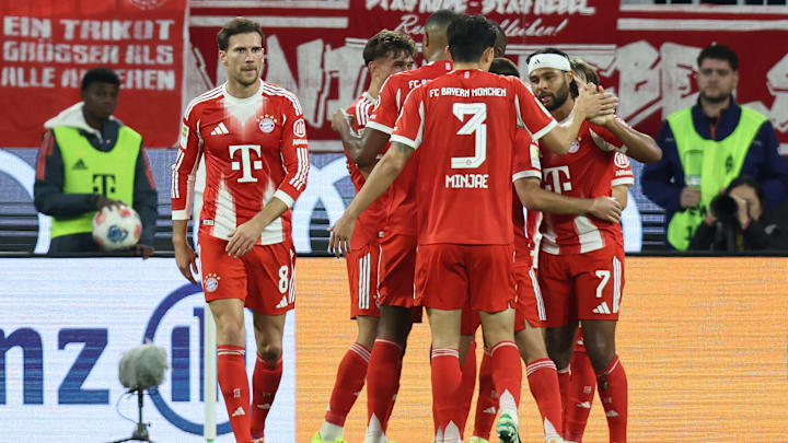 Bayern Munich players celebrating Serge Gnabry's goal against Bayer Leverkusen. Bayern Munich players celebrating Serge Gnabry's goal against Bayer Leverkusen.