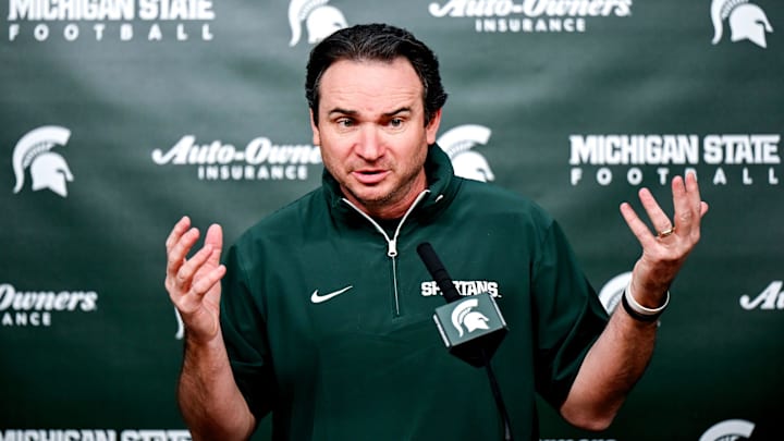 Michigan State coach Jonathan Smith talks the media on the first national signing day for college football recruits Wednesday, Dec. 4, 2024, at Spartan Stadium in East Lansing.