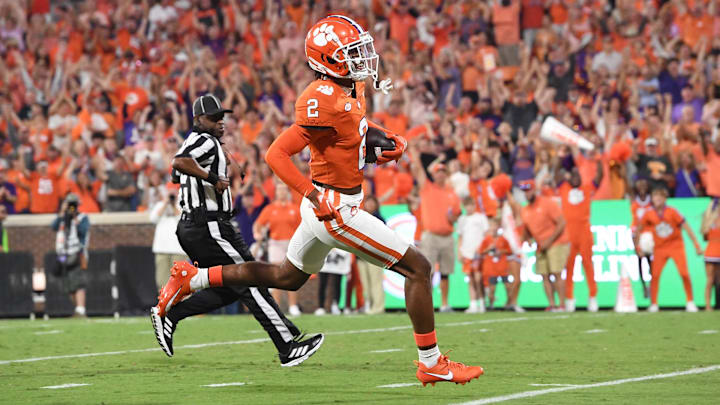 Clemson cornerback Nate Wiggins (2) returns an interception for a touchdown.