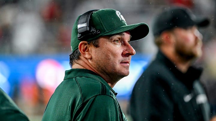 Michigan State's head coach Jonathan Smith looks on during the fourth quarter in the game against Ohio State on Saturday, Sept. 28, 2024, at Spartan Stadium in East Lansing.
