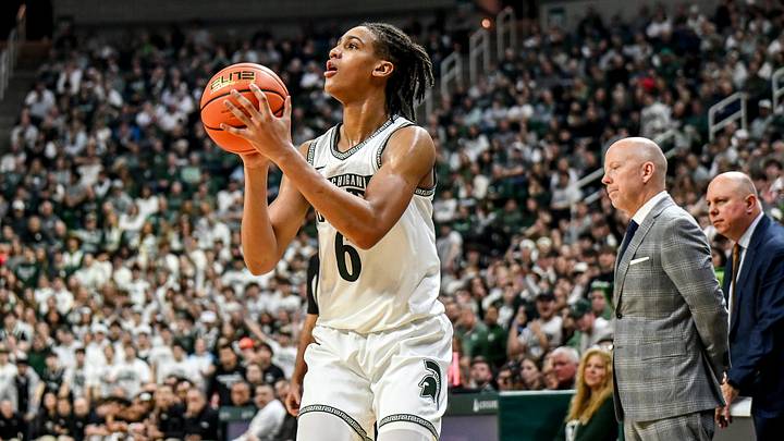 Michigan State's Jordan Scott makes a 3-pointer against UCLA during the first half on Tuesday, Feb. 17, 2026, at the Breslin Center in East Lansing. Michigan State's Jordan Scott makes a 3-pointer against UCLA during the first half on Tuesday, Feb. 17, 2026, at the Breslin Center in East Lansing.