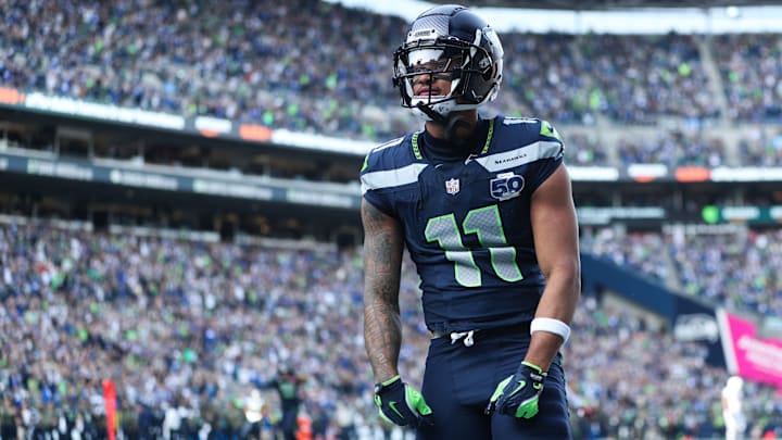 Nov 9, 2025; Seattle, Washington, USA; Seattle Seahawks wide receiver Jaxon Smith-Njigba (11) celebrates after scoring a touchdown during the first quarter against the Arizona Cardinals at Lumen Field. 