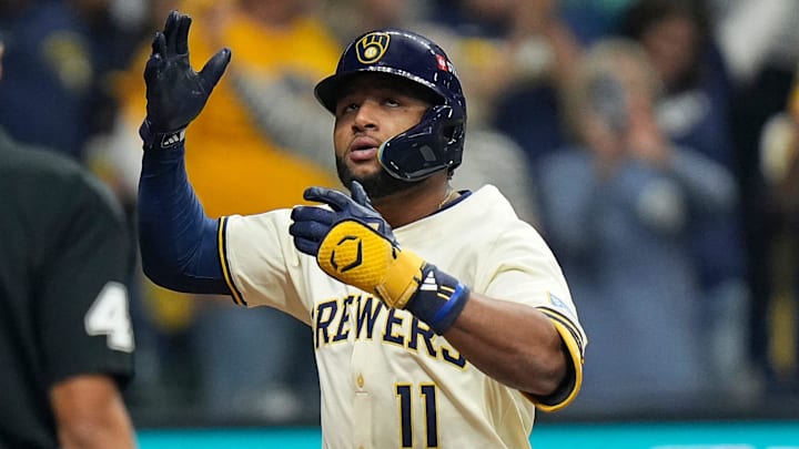 Milwaukee Brewers right fielder Jackson Chourio (11) homers (2) on a fly ball to right center field during the first inning of the National League Championship Series game October 14, 2025 at American Family Field in Milwaukee, Wisconsin.