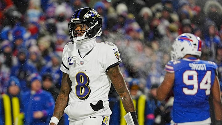 Baltimore Ravens quarterback Lamar Jackson reacts to not getting the two-point conversion attempt during second half action at the Buffalo Bills divisional game against the Baltimore Ravens at Highmark Stadium in Orchard Park on Jan. 19, 2025.