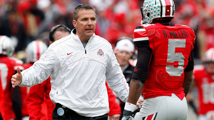Ohio State Buckeyes head coach Urban Meyer and Ohio State Buckeyes quarterback Braxton Miller (5) against Michigan Wolverines at Ohio Stadium on November 24, 2012.