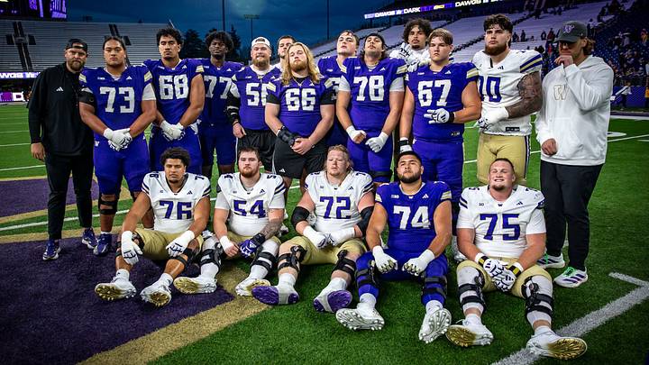 The Husky offensive linemen sat for a portrait. The Husky offensive linemen sat for a portrait.