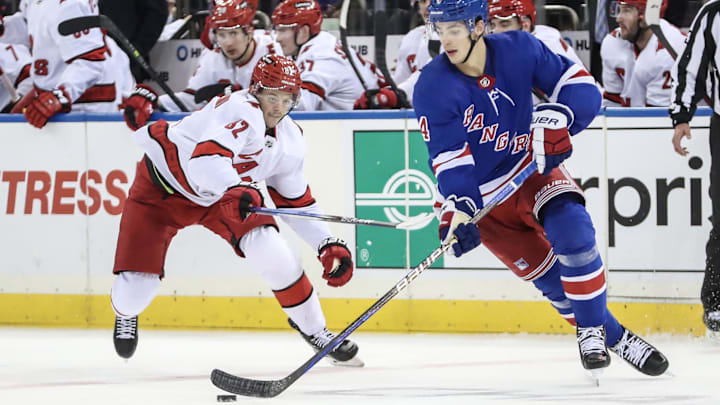 Nov 2, 2023; New York, New York, USA; Carolina Hurricanes center Jesperi Kotkaniemi (82) and New