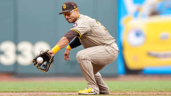 San Diego Padres third baseman Donovan Solano fields the ball against the San Francisco Giants on Sept. 15 at Oracle Park. San Diego Padres third baseman Donovan Solano fields the ball against the San Francisco Giants on Sept. 15 at Oracle Park.