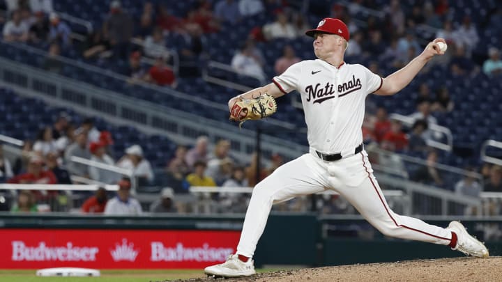 Aug 20, 2024; Washington, District of Columbia, USA; Washington Nationals starting pitcher DJ Herz (74) pitches against the Colorado Rockies during the sixth inning at Nationals Park. Aug 20, 2024; Washington, District of Columbia, USA; Washington Nationals starting pitcher DJ Herz (74) pitches against the Colorado Rockies during the sixth inning at Nationals Park.