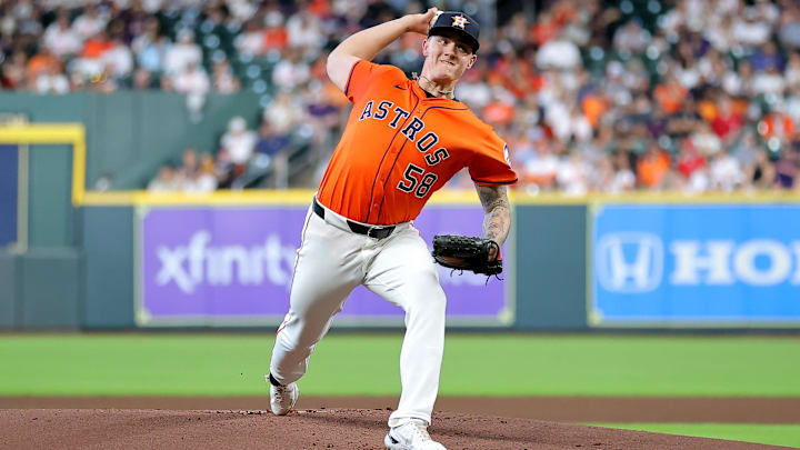May 9, 2025; Houston, Texas, USA; Houston Astros starting pitcher Hunter Brown (58) delivers a pitch against the Cincinnati Reds during the first inning at Daikin Park. May 9, 2025; Houston, Texas, USA; Houston Astros starting pitcher Hunter Brown (58) delivers a pitch against the Cincinnati Reds during the first inning at Daikin Park.