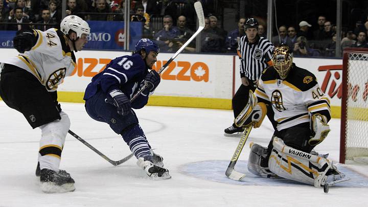 November 20, 2007; Toronto, ON, Canada; Boston Bruins goalie (40) Tuukka Rask stops Toronto Maple Leafs forward (16) Darcy Tucker as Boston Bruins defenseman (44) Aaron Ward trails the play during the first period of a game at the Air Canada Centre. Mandatory Credit: John Sokolowski-USA TODAY Sports November 20, 2007; Toronto, ON, Canada; Boston Bruins goalie (40) Tuukka Rask stops Toronto Maple Leafs forward (16) Darcy Tucker as Boston Bruins defenseman (44) Aaron Ward trails the play during the first period of a game at the Air Canada Centre. Mandatory Credit: John Sokolowski-USA TODAY Sports