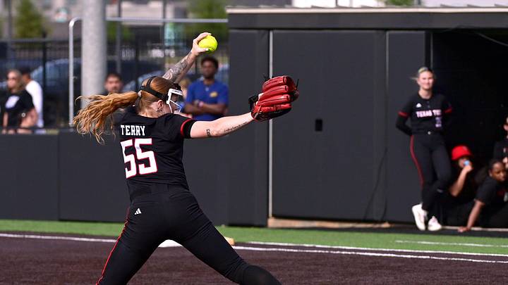 Texas Tech pitcher Kaitlyn Terry winds up against ACU during Tuesday’s softball game in Abilene Tuesday March 31, 2026. Final score was 9-1, Texas Tech.