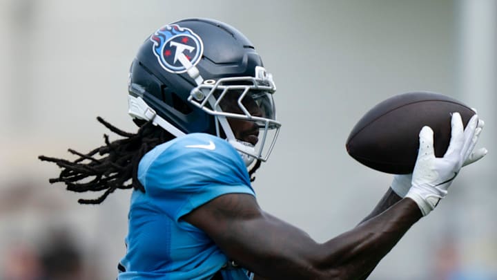 Tennessee Titans wide receiver Calvin Ridley (0) makes a catch during training camp at Ascension Saint Thomas Sports Park in Nashville, Tenn., Tuesday, July 29, 2025. Tennessee Titans wide receiver Calvin Ridley (0) makes a catch during training camp at Ascension Saint Thomas Sports Park in Nashville, Tenn., Tuesday, July 29, 2025.