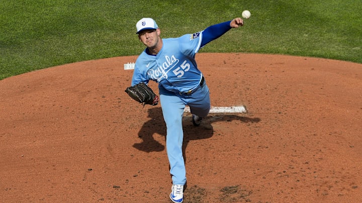 Mar 27, 2025; Kansas City, Missouri, USA; Kansas City Royals starting pitcher Cole Ragans (55) pitches during the third inning against the Cleveland Guardians at Kauffman Stadium. Mandatory Credit: Jay Biggerstaff-Imagn Images Mar 27, 2025; Kansas City, Missouri, USA; Kansas City Royals starting pitcher Cole Ragans (55) pitches during the third inning against the Cleveland Guardians at Kauffman Stadium. Mandatory Credit: Jay Biggerstaff-Imagn Images