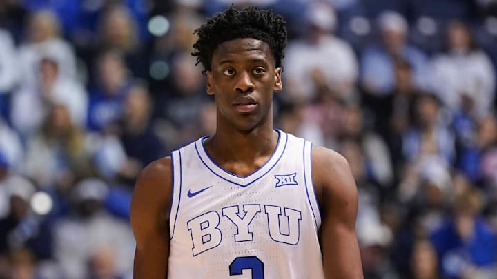 BYU Cougars forward AJ Dybantsa (3) looks on during the first half against the Texas Tech Red Raiders at Marriott Center on March 7, 2026