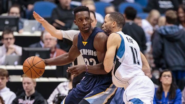 Nov 15, 2015; Minneapolis, MN, USA; Memphis Grizzlies forward Jeff Green (32) dribbles the ball as Minnesota Timberwolves forward Tayshaun Prince (12) defends in the third quarter at Target Center. The Grizzlies won 114-106. Mandatory Credit: Brad Rempel-Imagn Images