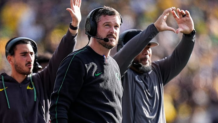 Oregon head coach Dan Lanning watches a play against Michigan during the first half at Michigan Stadium in Ann Arbor on Saturday, Nov. 2, 2024.