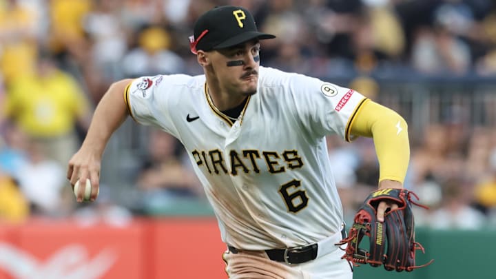 Apr 3, 2026; Pittsburgh, Pennsylvania, USA;  Pittsburgh Pirates shortstop Konnor Griffin (6) throws to first base to record an out against  Baltimore Orioles catcher Adley Rutschman (not pictured) during the seventh inning at PNC Park. Mandatory Credit: Charles LeClaire-Imagn Images