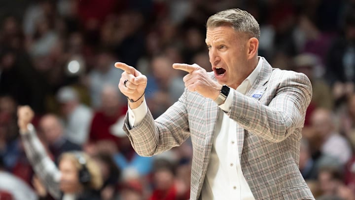 Jan 27, 2026; Tuscaloosa, AL, USA; Alabama head coach Nate Oats is fired up after a pair fo three pointers by Alabama guard Latrell Wrightsell Jr. (3) at Coleman Coliseum. Mandatory Credit: Gary Cosby Jr.-Tuscaloosa News