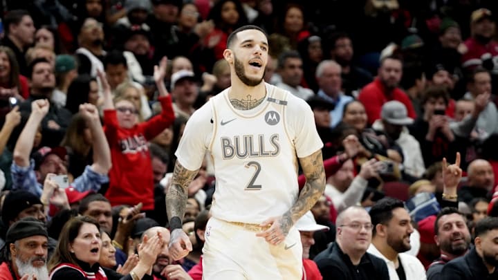 Jan 4, 2025; Chicago, Illinois, USA; Chicago Bulls guard Lonzo Ball (2) reacts after making a three point basket against the New York Knicks during the second half at United Center. Mandatory Credit: David Banks-Imagn Images