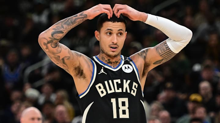 Apr 27, 2025; Milwaukee, Wisconsin, USA; Milwaukee Bucks forward Kyle Kuzma (18) reacts in the third quarter against the Indiana Pacers during game four of first round for the 2024 NBA Playoffs at Fiserv Forum. Mandatory Credit: Benny Sieu-Imagn Images Apr 27, 2025; Milwaukee, Wisconsin, USA; Milwaukee Bucks forward Kyle Kuzma (18) reacts in the third quarter against the Indiana Pacers during game four of first round for the 2024 NBA Playoffs at Fiserv Forum. Mandatory Credit: Benny Sieu-Imagn Images