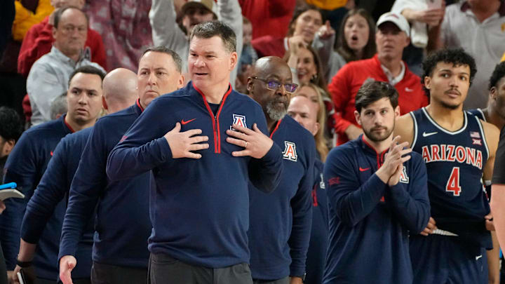Arizona Wildcats head coach Tommy Lloyd reacts after Arizona State Sun Devils head coach Bobby Hurley instructs his team to go to the locker room before the end of a Big 12 men's basketball game at Desert Financial Arena on Feb. 1, 2025, in Tempe.