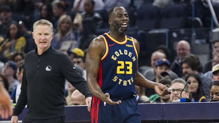 Golden State Warriors forward Draymond Green and head coach Steve Kerr react during the first quarter against the Miami Heat at Chase Center in San Francisco on Jan. 7, 2025. Golden State Warriors forward Draymond Green and head coach Steve Kerr react during the first quarter against the Miami Heat at Chase Center in San Francisco on Jan. 7, 2025.
