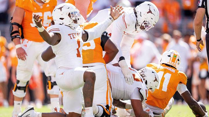 Texas defensive lineman Colin Simmons celebrates after a sack of Tennessee quarterback Faizon Brandon during their game at Neyland Stadium Texas defensive lineman Colin Simmons celebrates after a sack of Tennessee quarterback Faizon Brandon during their game at Neyland Stadium