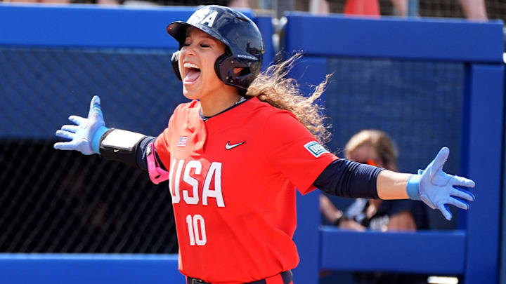 Jayda Coleman, a 2024 OU softball graduate who currently plays for the Oklahoma City Spark and US Women's National Softball Team, celebrates a home run during the USA Softball All-Star Showcase at Devon Park on June 27, 2025 in Oklahoma City.