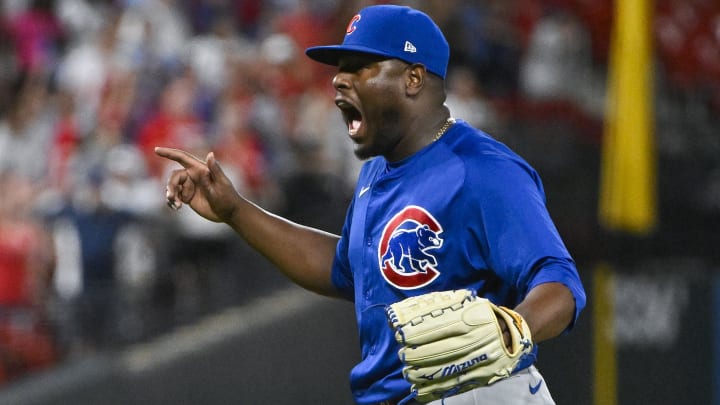 Jul 12, 2024; St. Louis, Missouri, USA; Chicago Cubs relief pitcher Hector Neris (51) reacts after the Cubs defeated the St. Louis Cardinals at Busch Stadium. Jul 12, 2024; St. Louis, Missouri, USA; Chicago Cubs relief pitcher Hector Neris (51) reacts after the Cubs defeated the St. Louis Cardinals at Busch Stadium.