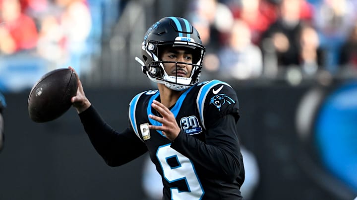 Nov 24, 2024; Charlotte, North Carolina, USA; Carolina Panthers quarterback Bryce Young (9) looks to pass in the third quarter at Bank of America Stadium. Mandatory Credit: Bob Donnan-Imagn Images