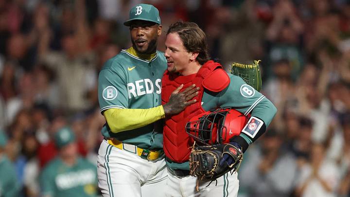 Aug 21, 2026; Boston, Massachusetts, USA; Boston Red Sox relief pitcher Aroldis Chapman (44) and catcher Adley Rutschman (31) celebrate after defeating the San Francisco Giants at Fenway Park. Mandatory Credit: Paul Rutherford-Imagn Images Aug 21, 2026; Boston, Massachusetts, USA; Boston Red Sox relief pitcher Aroldis Chapman (44) and catcher Adley Rutschman (31) celebrate after defeating the San Francisco Giants at Fenway Park. Mandatory Credit: Paul Rutherford-Imagn Images