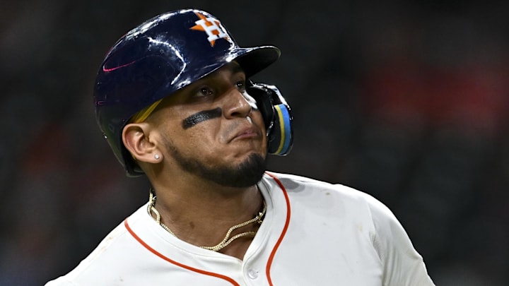 Jun 25, 2025; Houston, Texas, USA; Houston Astros third baseman Isaac Paredes (15) looks on in the eighth inning against the Philadelphia Phillies at Daikin Park. Mandatory Credit: Maria Lysaker-Imagn Images Jun 25, 2025; Houston, Texas, USA; Houston Astros third baseman Isaac Paredes (15) looks on in the eighth inning against the Philadelphia Phillies at Daikin Park. Mandatory Credit: Maria Lysaker-Imagn Images