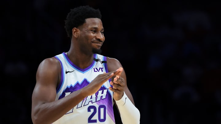 Feb 9, 2026; Miami, Florida, USA; Utah Jazz forward Jaren Jackson Jr. (20) reacts against the Miami Heat during the first quarter at Kaseya Center. Mandatory Credit: Sam Navarro-Imagn Images