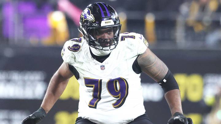 Jan 4, 2026; Pittsburgh, Pennsylvania, USA;  Baltimore Ravens offensive tackle Ronnie Stanley (79) blocks at the line of scrimmage against the Pittsburgh Steelers during the second quarter at Acrisure Stadium. Mandatory Credit: Charles LeClaire-Imagn Images