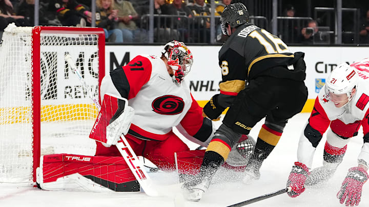 Oct 20, 2025; Las Vegas, Nevada, USA; Vegas Golden Knights right wing Pavel Dorofeyev (16) scores against Carolina Hurricanes goaltender Frederik Anderson (31) during the first period at T-Mobile Arena. Mandatory Credit: Stephen R. Sylvanie-Imagn Images