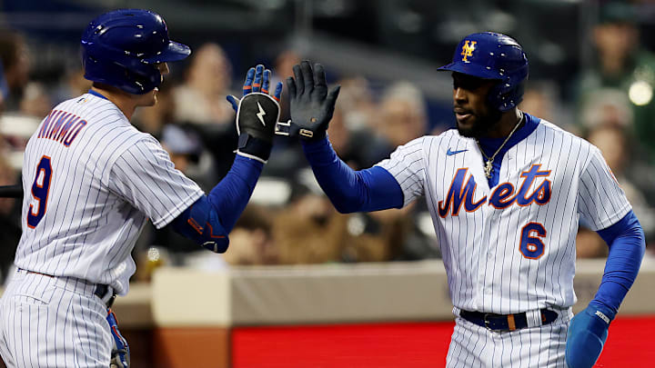 May 2, 2022; New York City, New York, USA; New York Mets right fielder Starling Marte (6) high fives