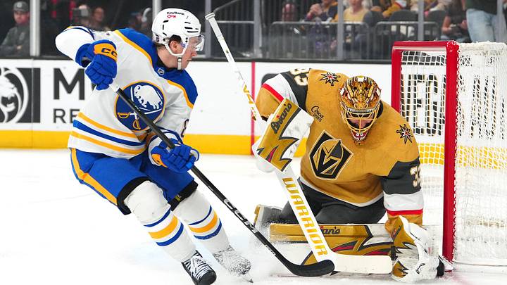 Mar 17, 2026; Las Vegas, Nevada, USA; Vegas Golden Knights goaltender Adin Hill (33) makes a save against Buffalo Sabres center Noah Ostlund (86) during the first period at T-Mobile Arena. Mandatory Credit: Stephen R. Sylvanie-Imagn Images Mar 17, 2026; Las Vegas, Nevada, USA; Vegas Golden Knights goaltender Adin Hill (33) makes a save against Buffalo Sabres center Noah Ostlund (86) during the first period at T-Mobile Arena. Mandatory Credit: Stephen R. Sylvanie-Imagn Images