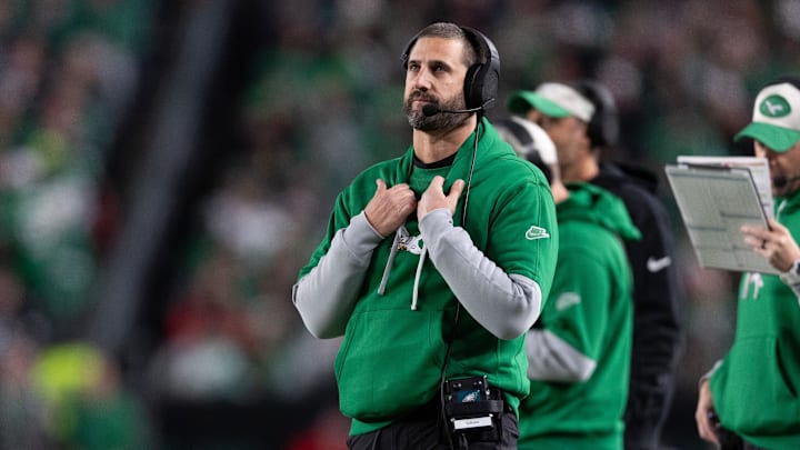Nov 3, 2024; Philadelphia, Pennsylvania, USA; Philadelphia Eagles head coach Nick Sirianni during the second quarter at Lincoln Financial Field. Mandatory Credit: Bill Streicher-Imagn Images